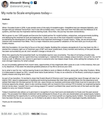 刚刚，Scale AI CEO Alexandr Wang正式官宣：Meta重金投资并挖走了我